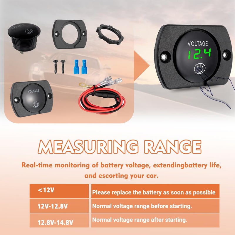 JAMHER DC 12V 24V Volt Meter Battery Voltage Gauge Digital Display with Touch Switch Come with Mounting Plate Round,Connecting Cables and terminals for Boat Marine Motorcycle ATV(Green Light) - Image 4
